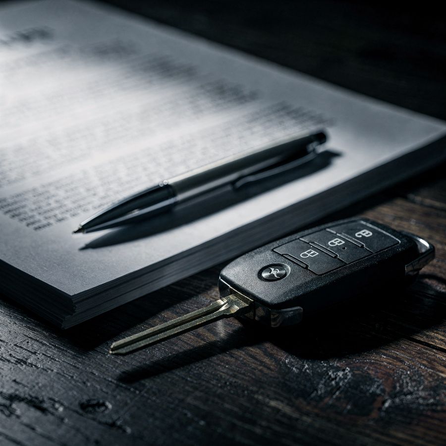 Documenten, een pen en autosleutels op een donker bureau